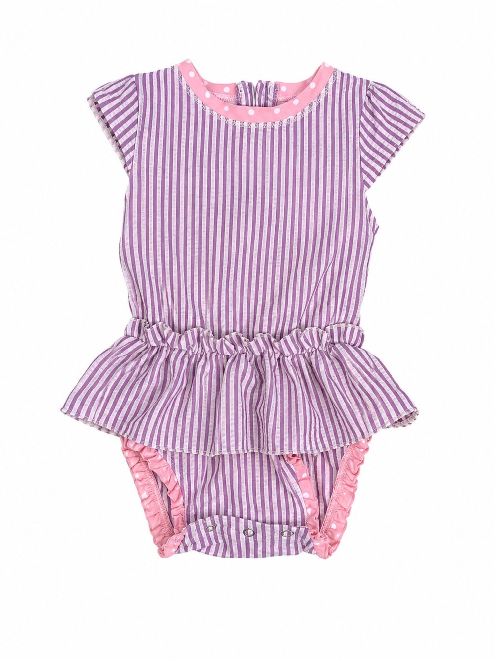 RuffleButts Seersucker Bubble Romper 12-18M Purple Pink Striped Ruffle